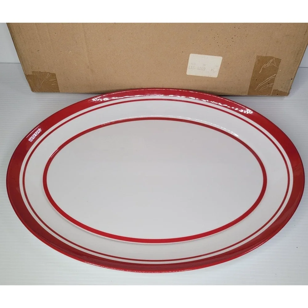 Pottery Barn New Old Stock BBQ Burger Serving Tray Plastic Red White 15x20 w Box